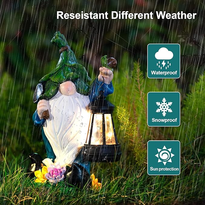 ZQQLITE Solar Garden Gnome Statue – Outdoor Decorations Funny Leprechaun Figurine with LED Lantern Waterproof Resin Leaf Hat Dwarf Sculpture for Patio Lawn Yard Art and Housewarming Gift