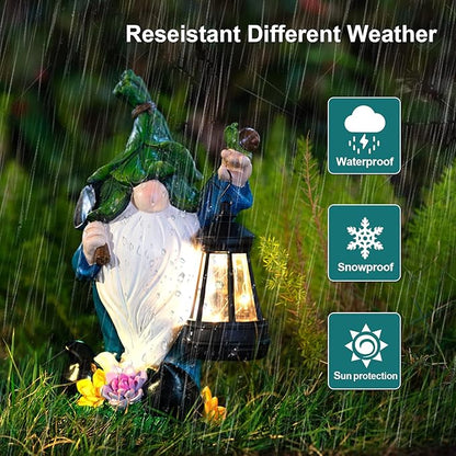 ZQQLITE Solar Garden Gnome Statue – Outdoor Decorations Funny Leprechaun Figurine with LED Lantern Waterproof Resin Leaf Hat Dwarf Sculpture for Patio Lawn Yard Art and Housewarming Gift
