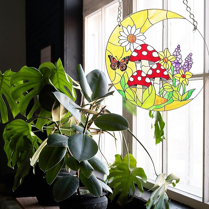 Mushroom Moon Stained Glass Suncatcher Home Decor, Mushroom Plant Lover Gifts for Women, Birthday Gifts for Mom Grandma Mothers