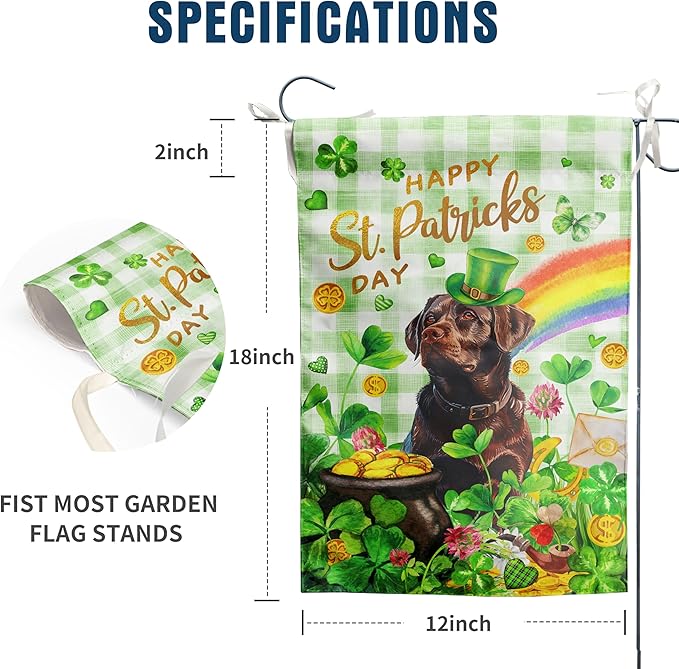 Chocolate Lab St Patricks Day Garden Flag Labrador Dog St Patrick's Day Yard Flags for Outside 12x18 Double Sided Buffalo Plaid Shamrock Flag Small Outdoor Rainbow St Patrick's Decor