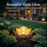 DUSVALLY Lotus Solar Globe LED Light Garden Decoration, Outdoor IP65-Waterproof Crack Glass Solar Flower Lamp Hollow Out Retro Golden Metal Light for Patio, Lawn & Pathway Landscape, 12" W * 6" H