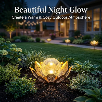 DUSVALLY Lotus Solar Globe LED Light Garden Decoration, Outdoor IP65-Waterproof Crack Glass Solar Flower Lamp Hollow Out Retro Golden Metal Light for Patio, Lawn & Pathway Landscape, 12" W * 6" H