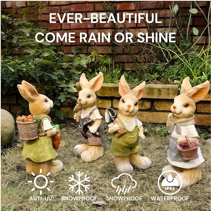 15 inch Resin Bunny Garden Statue, Labor Day Gardener Rabbit, Rabbit Topiary Sculpture for Yard, Patio, Lawn (Mushroom&Hoe)
