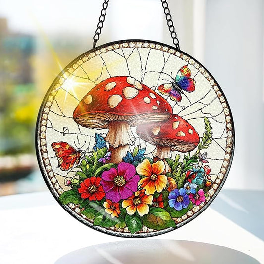 Bimkole Mushroom Stained Glass Suncatcher Window Hanging - Flowers Design for Indoor Window or Doorway Decoration - 7.87x7.87 inch with Chain and Hook - Unique Home Decor Gift