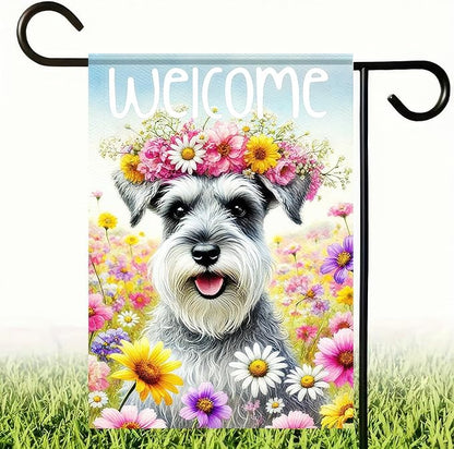 BlissYard Welcome Spring Summer Garden Flag 12 X18 Inch Double Sided FlowersDog Schnauzer Decorative Garden Flag Puppy Floral Seasonal Home Decor Banner for Oursid Outdoor Spring Garden Decor