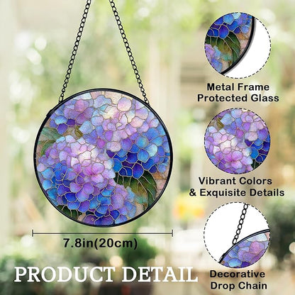Hydrangea Decor, Spring Hydrangea Flower Suncatchers Stained Glass Window Hanging, Flower Sun Catchers Indoor Window Glass Round Wall Decor, Floral Wall Hanging Decorations, 7.9x7.9in