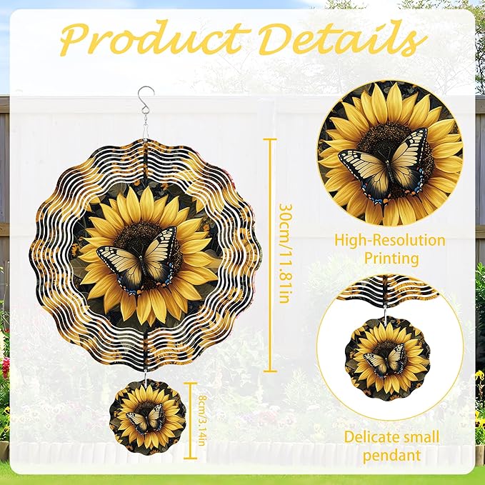 Wind Spinner Hanging Outdoor Decor, 12 Inch 3D Sunflower Butterfly Metal Kinetic Wind Spinners for Garden Yard Patio, Stainless Steel Laser Cut Art Gifts for Women Mother's Day Outdoor Decorations
