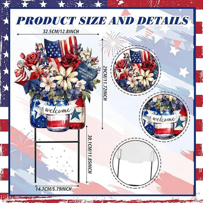 Amyhill 4th of July Metal Outdoor Decor Garden Stakes Patriotic Mason Jars Welcome Yard Signs Decorations Red White Blue Garden Stakes for Independence Memorial Day Patio Lawn Walkway Outside