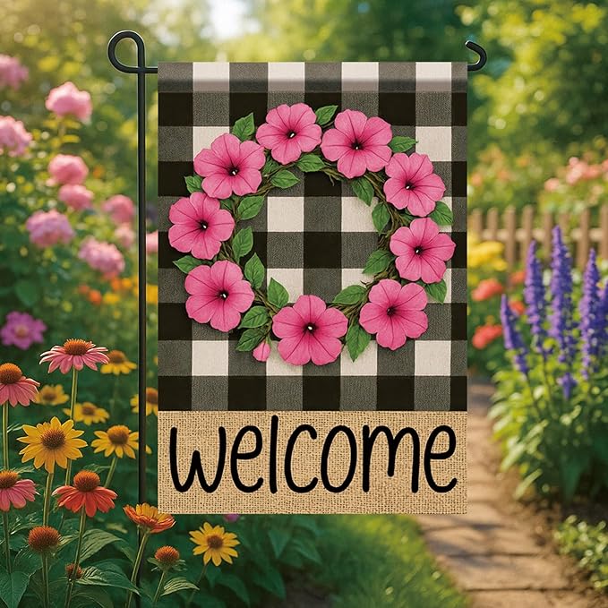 Buffalo Plaid Welcome Wreath Garden Flag Pink Petunia Flower Flag 12×18 Inch Double Sided Spring Outdoor Decor Welcome for Porch Patio Lawn Yard Farmhouse Seasonal Outside