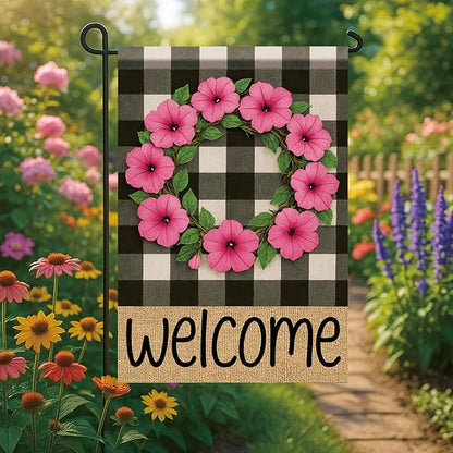 Buffalo Plaid Welcome Wreath Garden Flag Pink Petunia Flower Flag 12×18 Inch Double Sided Spring Outdoor Decor Welcome for Porch Patio Lawn Yard Farmhouse Seasonal Outside