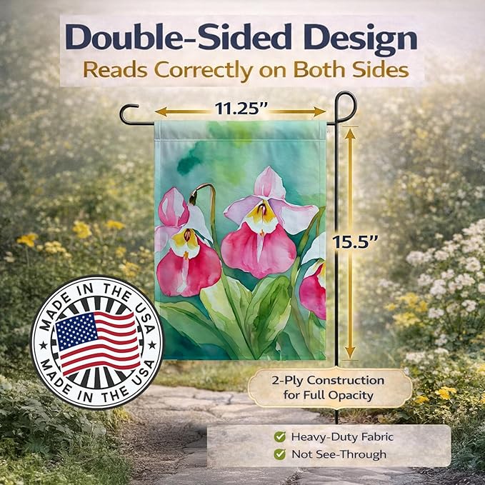 Caroline's Treasures Minnesota Pink and White Lady�s Slippers in Watercolor Garden Flag Mailbox Flag Decorative Yard Flag Banner Outside Patio Artwork Yard Flower Beds, Garden Size, Multicolor