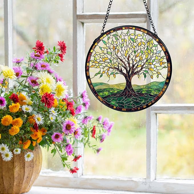 Tree of Life Suncatchers Stained Glass Window Hanging, Tree of Life Decor Sun Catchers Indoor Window Glass Round Wall Decor, Nature Wall Hanging Decorations, 7.9x7.9in