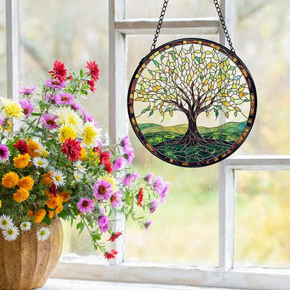 Tree of Life Suncatchers Stained Glass Window Hanging, Tree of Life Decor Sun Catchers Indoor Window Glass Round Wall Decor, Nature Wall Hanging Decorations, 7.9x7.9in
