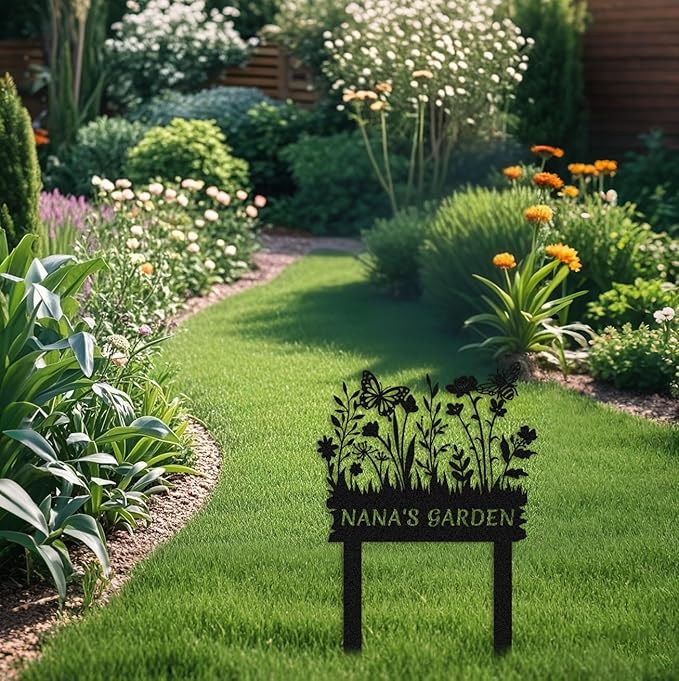 Personalized Metal Flower Garden Sign with Stake,Butterfly Bee Metal Art,Outdoor Patio Yard Decor,Gifts for Gardeners style 14