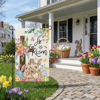 CROWNED BEAUTY Easter Garden Flag He is Risen Cross Bunnies 12x18 Inch Double Sided Floral Holiday Decoration for Outdoor Lawn Yard