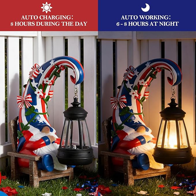 WDS WONDROUS Solar Garden Gnome Statue Decor with LED Lights 4th of July Gnome Decorations for Yard Outdoor Patio Lawn Balcony Decor Birthday Gift for Woman Grandma Outside Independence Day Sulptures