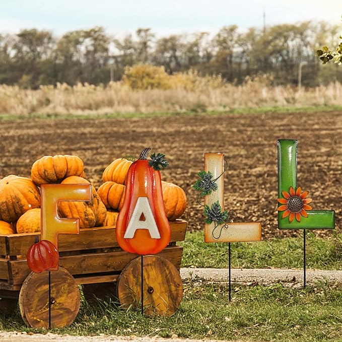 Juegoal 4 Pcs Fall Decorative Garden Stakes, 24.8 Inch Letter Fall Metal Yard Sign with Pumpkins, Outdoor Art Stake for Thanksgiving Decorations Fall Autumn Harvest Patio Lawn Walkway, Style B
