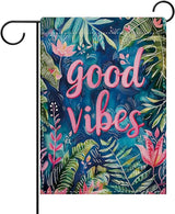 Dyrenson Good Vibes Good Tropical Plant Decorative Garden Flag, Motivational Pink Flower Leaves Yard Outside Home Decoration, Botanical Floral Burlap Outdoor Small Decor Double Sided 12 x 18