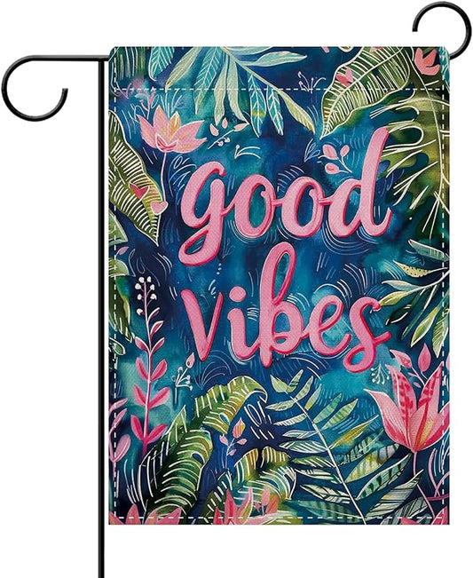 Dyrenson Good Vibes Good Tropical Plant Decorative Garden Flag, Motivational Pink Flower Leaves Yard Outside Home Decoration, Botanical Floral Burlap Outdoor Small Decor Double Sided 12 x 18