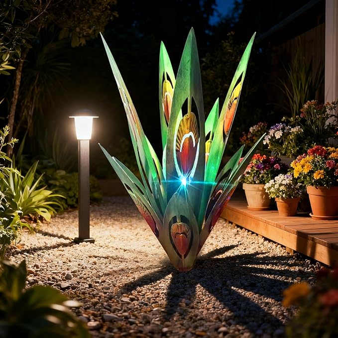 Jesokiibo 2pcs Tequila Sculpture Metal Agave Plant Home Decor Rustic Hand Painted Figurines Yard Decorations Lawn Ornaments（Multi-Color LED Solar Light Green） (Green)