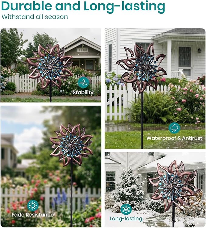 360° Garden Wind Spinner for Outdoor Yard Art – W13xH64 Kinetic Windmill for Garden, Lawn, and Patio – Dahlia-Inspired Copper and Teal Wind Spinners Outdoor Decorative Yard Art