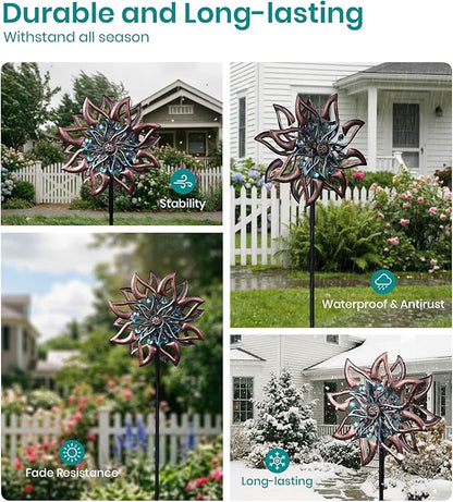 360° Garden Wind Spinner for Outdoor Yard Art – W13xH64 Kinetic Windmill for Garden, Lawn, and Patio – Dahlia-Inspired Copper and Teal Wind Spinners Outdoor Decorative Yard Art