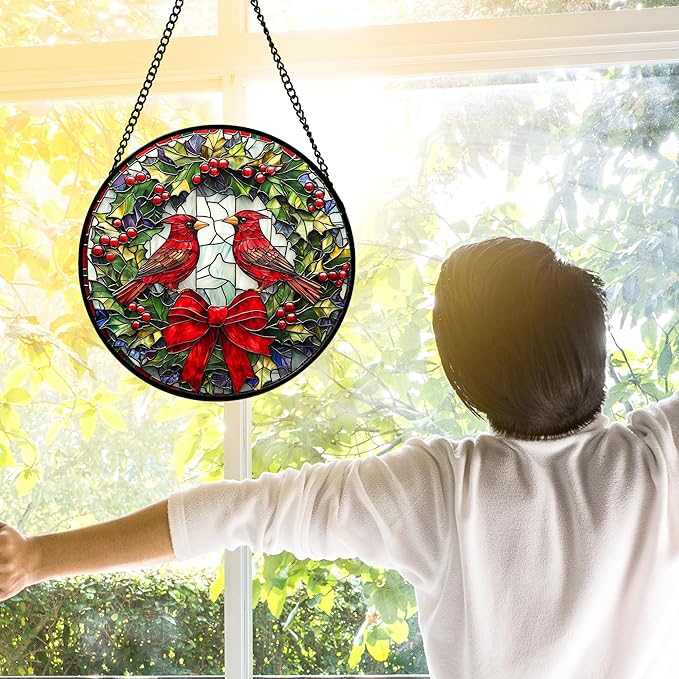 DASTOLL Stained Glass Window Hanging - Cardinals Green Wreath Suncatcher for Doors Home Christmas Decoration Red Bird Sun Catcher Thanksgiving New Year Birthday Gift for Women Men Mom Nana 9.8 in