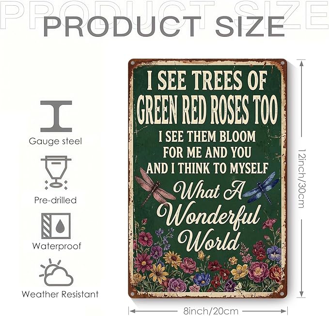 Vintage Metal Garden Sign, What A Wonderful World Wall Decor, Gardening Gifts for Women, Home Patio Yard Art, 8 x 12 Inches