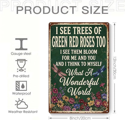 Vintage Metal Garden Sign, What A Wonderful World Wall Decor, Gardening Gifts for Women, Home Patio Yard Art, 8 x 12 Inches