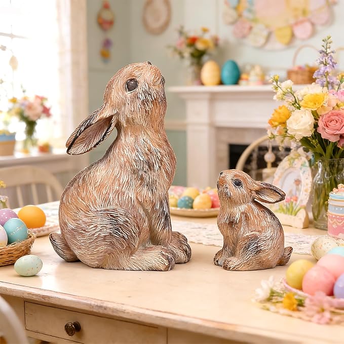 Resin Bunny Decor Rabbit Figurines, Easter Bunny Statue Set of 2 for Spring Tabletop Decor,Small Rabbit Statues for Home Decor