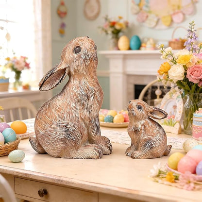 Resin Bunny Decor Rabbit Figurines, Easter Bunny Statue Set of 2 for Spring Tabletop Decor,Small Rabbit Statues for Home Decor