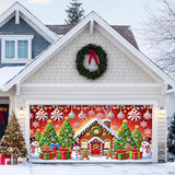 HOMETITUTE Christmas Garage Door Banner 13x6ft Gingerbread House Snowman Candy Cane Holiday Backdrop Winter Scene Porch Entryway Wall Hanging Indoor Outdoor Seasonal Decorations