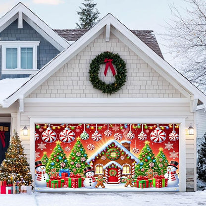 HOMETITUTE Christmas Garage Door Banner 13x6ft Gingerbread House Snowman Candy Cane Holiday Backdrop Winter Scene Porch Entryway Wall Hanging Indoor Outdoor Seasonal Decorations
