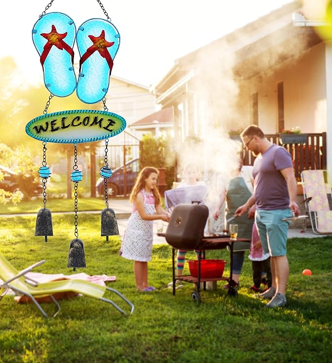 CoTa Global Welcome Flip-Flop Hanging Wind Chimes - Aqua Nautical Wind Chimes for Outside, Sea Glass Art Glass Wind Chimes for Outdoors and Indoors, Perfect Sea Glass Decor for Garden Decoration Art
