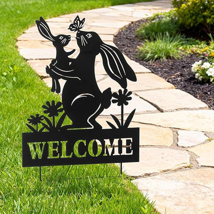 Glitzhome Easter Rabbit Decorative Garden Stakes, 30" H Black Metal Silhouette with Welcome Sign and Butterfly Cutout, Iron Yard Lawn Spring Decor or Wall Decor