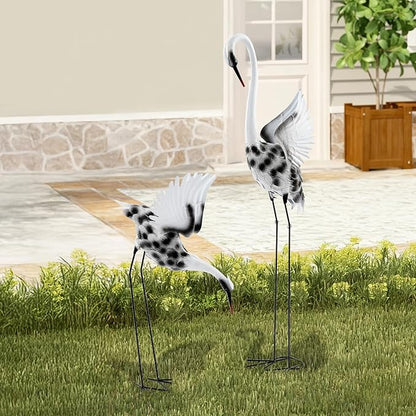 A Pair of Lifelike Crane Garden Statues, 53’’ & 35’’ Tall Metal and Wood Patina Heron Decor for Yard, Patio, Indoor Outdoor, Tall & Short Crane Sculptures