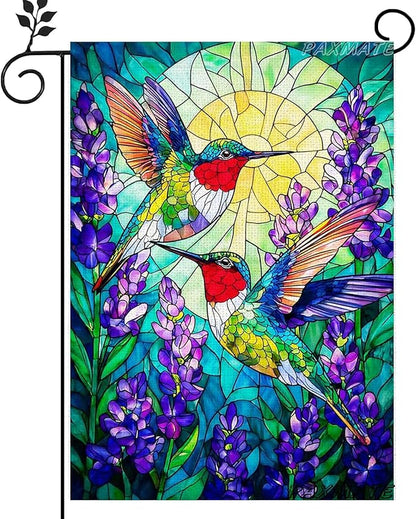 Spring Summer Hummingbird Garden Flag Double Sided 12x18 Inch, Stained Glass Hummingbird Purple Flowers Yard Flag Seasonal Farmhouse Outside Outdoor Decoration