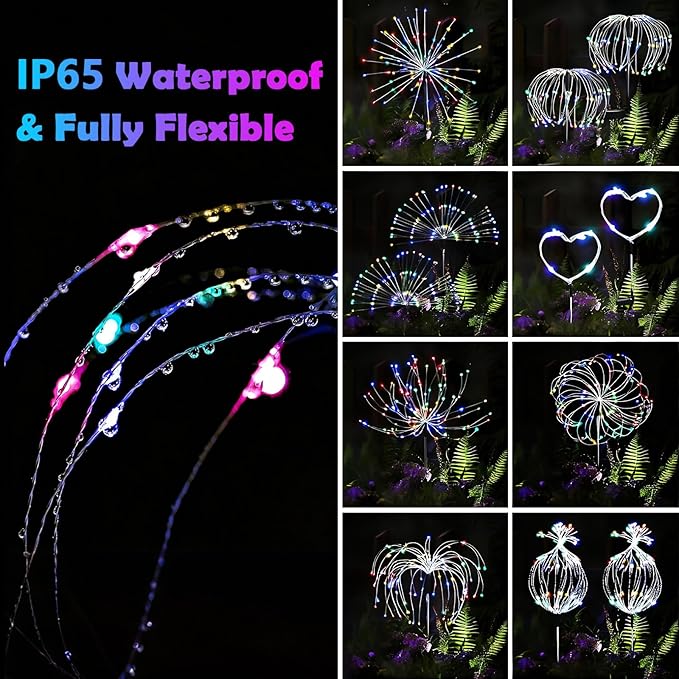 2 Pack Solar Firework Lights Outdoor, Adjustable 32" to 51" Extra Tall, 200 LED Stainless Steel 3-Section Pole, 8 Modes Waterproof Starburst Garden Lights for Yard Pathway Walkway Decor