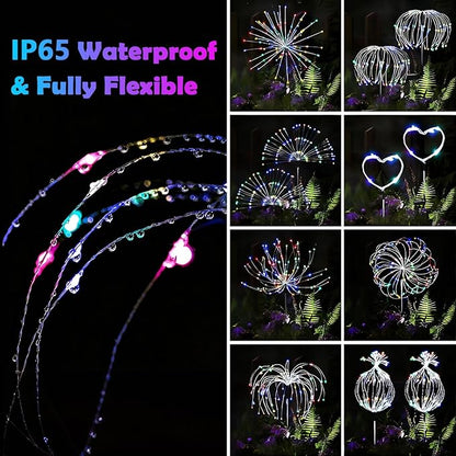 2 Pack Solar Firework Lights Outdoor, Adjustable 32" to 51" Extra Tall, 200 LED Stainless Steel 3-Section Pole, 8 Modes Waterproof Starburst Garden Lights for Yard Pathway Walkway Decor