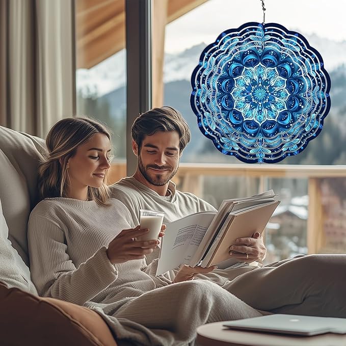 Wind Spinners Outdoor, Hanging Wind Spinner for Garden Decoration, 8 inch 3D Stainless Steel Metal Wind Sculpture for Indoor/Outdoor Decor, Blue Mandala