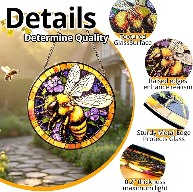 Handcrafted Bee Stained Glass Suncatcher - 7.8 Inch Window Hanging for Home, Kitchen, Porch, Terrace, Garden & Farmhouse - Perfect Mother's Day, Easter & Birthday Gift for Mom & Teachers