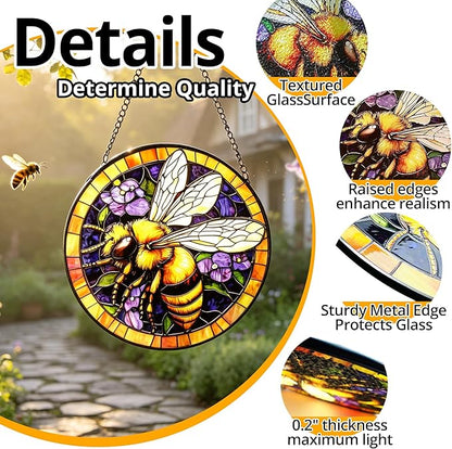 Handcrafted Bee Stained Glass Suncatcher - 7.8 Inch Window Hanging for Home, Kitchen, Porch, Terrace, Garden & Farmhouse - Perfect Mother's Day, Easter & Birthday Gift for Mom & Teachers