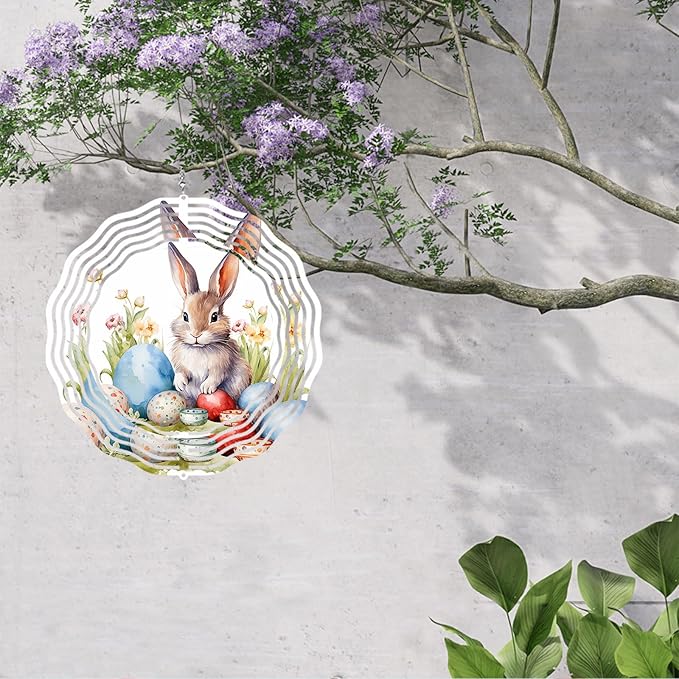 Easter Bunny Wind Spinner 8 Inch Aluminum Kinetic Hanging Wind Sculpture Spinners for Yard and Garden Indoor Outdoor Window Easter Rabbit Yard Art Garden Decoration