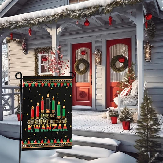 Kwanzaa Garden Flag Double Sided Polyester Yard Banner with Kinara and Red Black Green Candles Holiday Outdoor Flags for African American Heritage Celebration Décor 12x18 Inch