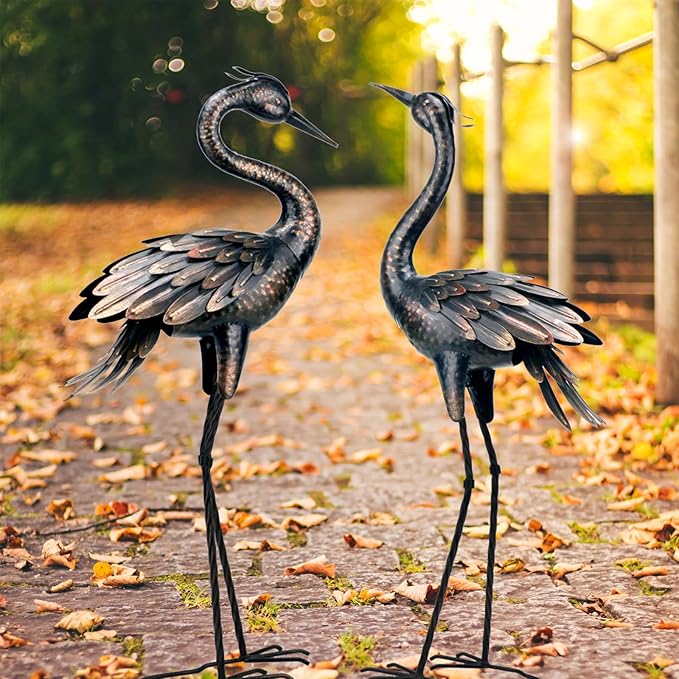 Shorayn Metal Crane Garden Statue, Garden Sculptures & Statues, Bronze Crane Ornaments Yard Art for Backyard Patio Lawn Decorations