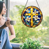 Cross Stained Glass Suncather for Window Hanging with Lily Flowes, 7.9'' Golden Christian Cross Ornament Gift for Women, Religious Wall Art Home Decor Gifts for Mom, Grandma (Golden, 7.9'')