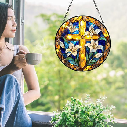 Cross Stained Glass Suncather for Window Hanging with Lily Flowes, 7.9'' Golden Christian Cross Ornament Gift for Women, Religious Wall Art Home Decor Gifts for Mom, Grandma (Golden, 7.9'')