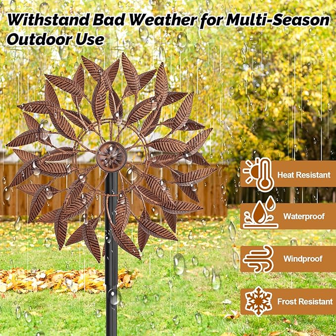 Wind Spinners Outdoor for Yard Garden, 360° Metal Windmills Art Decor with Stake, Kinetic Wind Sculpture for Lawn Patio Outside Ornaments, 63.5 x 12.5 Inches (Rust Color)
