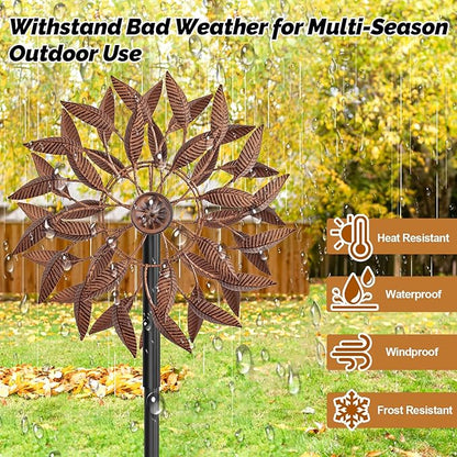Wind Spinners Outdoor for Yard Garden, 360° Metal Windmills Art Decor with Stake, Kinetic Wind Sculpture for Lawn Patio Outside Ornaments, 63.5 x 12.5 Inches (Rust Color)