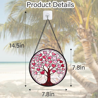 DASTOLL Stained Glass Window Hanging, Pink Love Heart Tree Suncatcher Hangings Beige Sun Catchers Decor for Birthday Holiday for Women, Men, Wife, Aunt, Mom 7.8 in